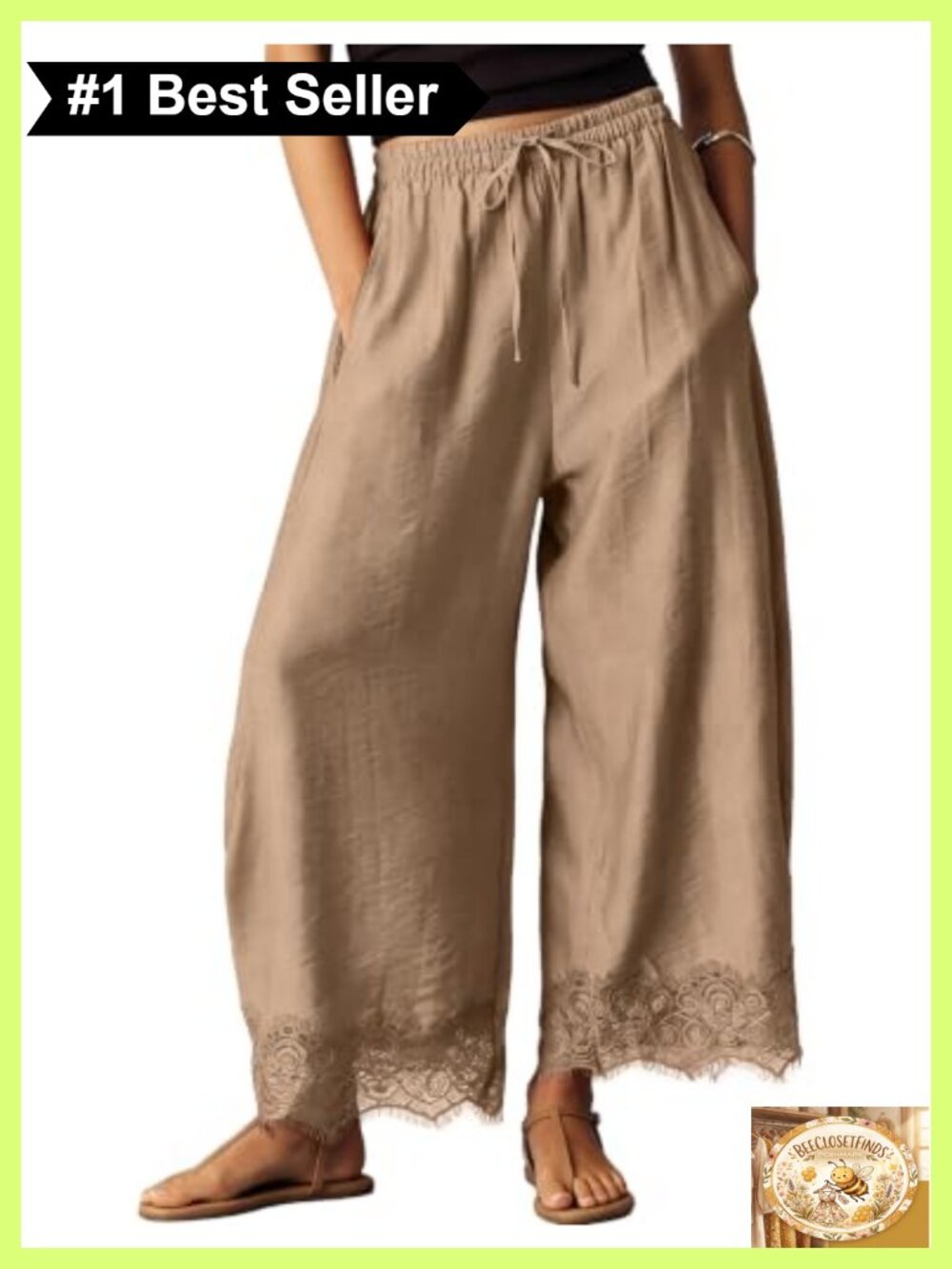 Lace Trim Cropped Wide Leg Pants with Pockets Casual
